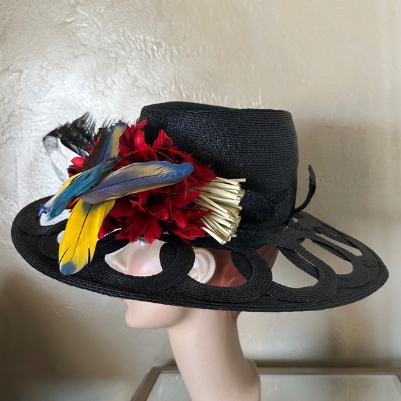 COLORFUL BLACK STRAW VINTAGE HAT + OPEN BRIM DESIGN + FABRIC FLOWERS & BUTTERFLY main image 9